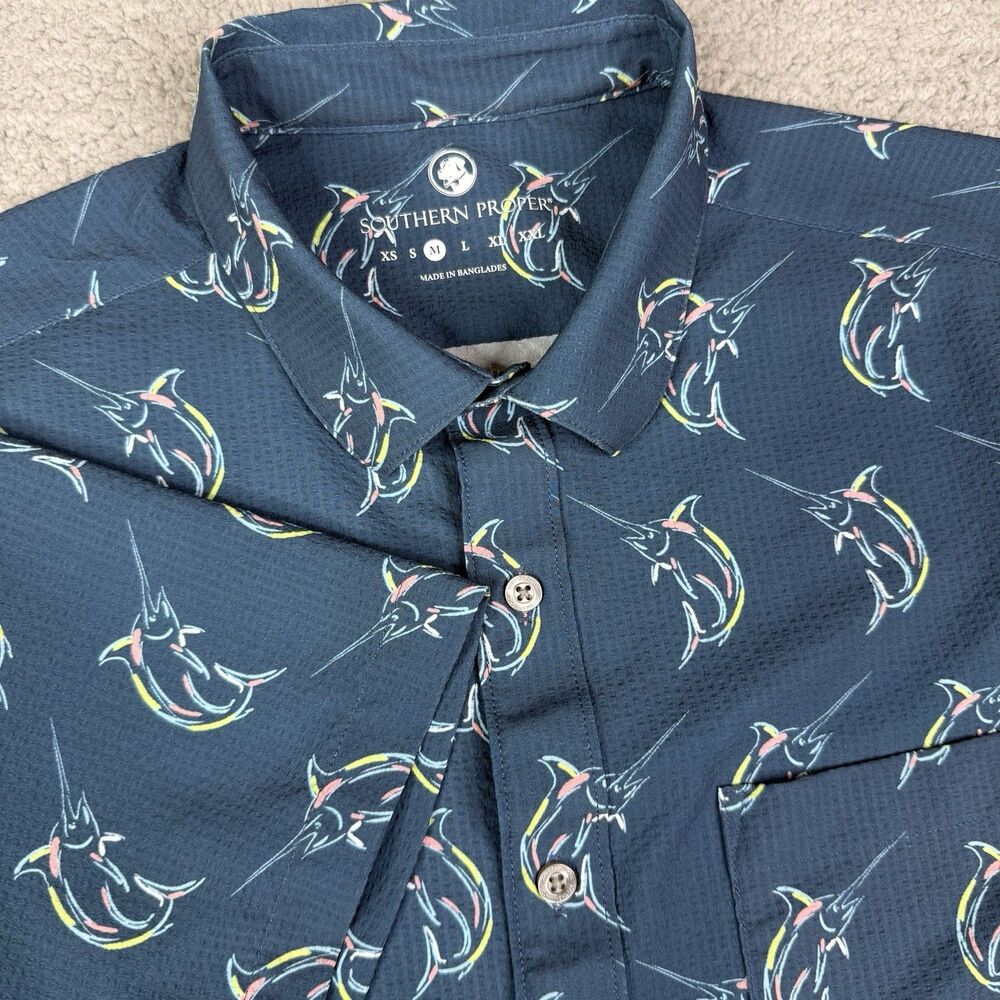 Southern Proper Shirt Mens Medium Blue Marlin Fish Print Button Front Stretch